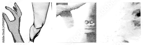 Vector illustration of human hand, arm, and face using halftone dot,, isolated foreground, stylized anatomy, graphic design element.