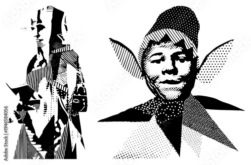 Black and white halftone stylized portrait with wings and striped garment, graphic art, pop art influence, vector illustration, isolated subject, comic book aesthetic.