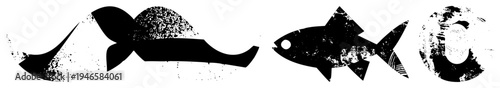 Black fish cutouts with distressed textures, stylized sea creatures, vector fish, graphic design elements, isolated aquatic symbols.