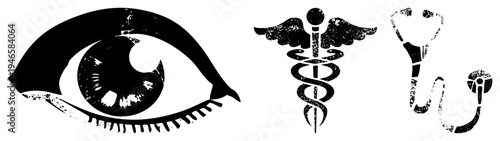 Medical eye, caduceus staff, stethoscope in distressed black and white, healthcare symbols, medical illustration, diagnostic tools, healthcare industry graphics.