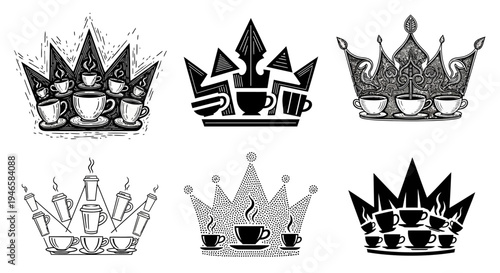 Coffee cup crown concepts featuring various mug arrangements and cup silhouettes for premium cafe branding and royalty themed design vector icons set