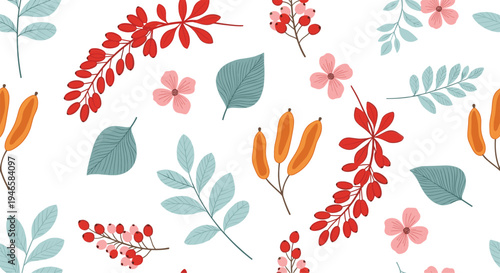 Seamless floral pattern with red flowers berries and leaves decorative botanical nature background vector illustration