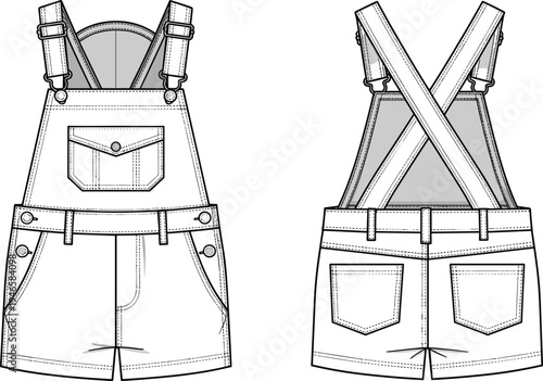 Short overalls technical flat sketch, front and back view dungarees fashion illustration, apparel design template, garment construction drawing, clothing vector art
