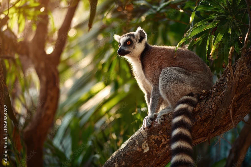 Obraz premium Close-up of a ring-tailed lemur on a branch with a softly blurred forest background