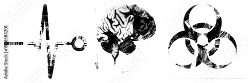 Heartbeat, brain, biohazard symbol rendered in halftone texture, medical, healthcare graphics, vector illustration.