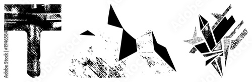 Bold black geometric shapes forming stylized letters and symbols, halftone dot, vector art, modern graphic design elements.