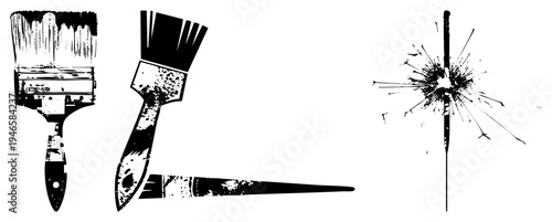 Artistic brushes with worn bristles, splattered texture, and a sparkler burst, ideal for creative projects, graphic design, and craft themes.