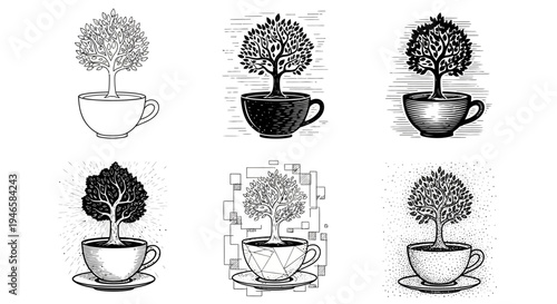 Tree growing from coffee cup illustration set in various artistic styles including dotwork geometry and line art on white background for cafe vector