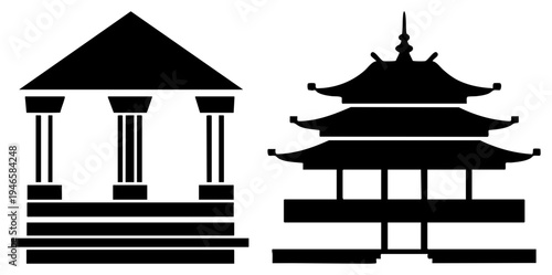 Black vector silhouettes of ancient Greek temple with columns and Japanese with tiered roofs, architectural, cultural landmarks, isolated design elements.