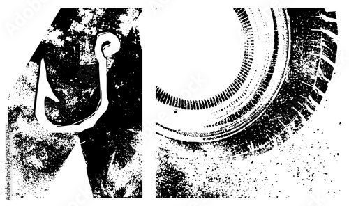 Graphic vector of fishing hook and tire tread, halftone texture, gritty, isolated design elements, vector art, stylized industrial motifs.