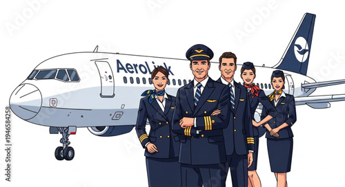 Airline crew standing in front.