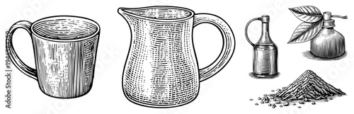 Antique style ceramic mug, glass pitcher, vintage bottle with leaf, spice pile, engraved art, rustic kitchenware, botanical illustration.