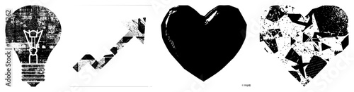 Graphic symbols in black and white idea bulb, upward trend arrow, smooth heart, fractured heart minimalist vector design, isolated elements for UI or branding.