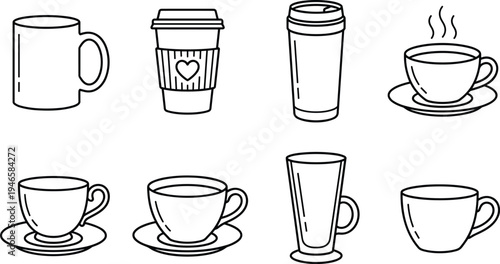 Vector line art icon set featuring various coffee cups, tea mugs, takeout paper cups, travel tumblers, and espresso saucers for cafe menus and kitchen branding.