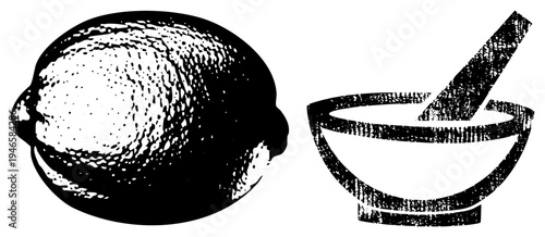 Vintage style halftone graphic of citrus fruit and grinding tool, culinary, kitchen utensil, food preparation, vector art.