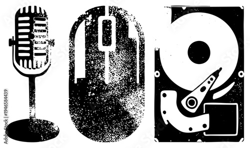 Retro microphone, computer mouse, and open hard drive depicted in halftone style, tech nostalgia, digital and analog equipment symbols.