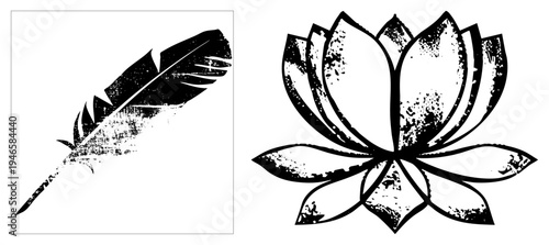 Grunge style feather quill and lotus blossom vector art, ink brush texture, design, artistic stencil, symbolic motifs.