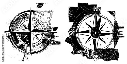 Nautical compass rose with cardinal directions, urban street art overlay, directional navigation, map design element, vintage map marker.