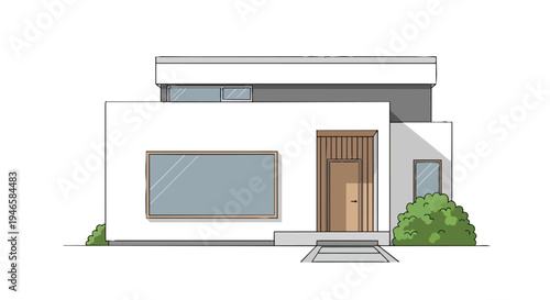 A modern minimalist house illustration showcasing a clean architectural design with white walls, a flat roof, large windows, a wooden front door,