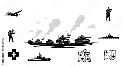 Military conflict scene with tanks airplanes and soldiers.