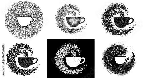 Abstract coffee cup logo designs with swirling roasted beans illustration set in various styles for cafe branding identity and beverage shop emblem