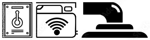 Digital representing home automation, wireless connectivity, and cleaning tech, minimalist style, isolated vector elements.