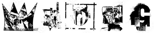 Fragmented symbols with grunge texture, stylized letterforms, glitch art design, digital distortion, graphic, vector glyph art.