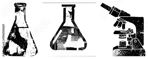 Distressed black and white vector of lab flasks and microscope, science equipment, academic research tools, experimental apparatus, scientific illustration, academic lab gear.