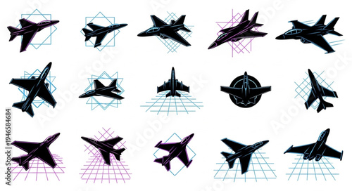 Collection of fighter jet silhouettes with geometric patterns.