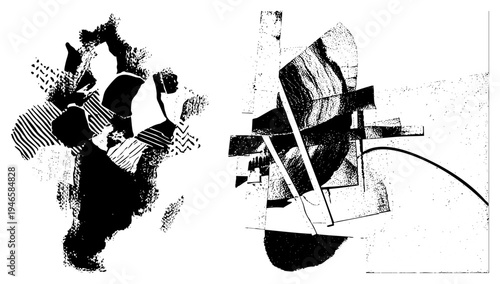 Modern black and white abstract art featuring fragmented shapes, halftone textures, and bold striped motifs, stylized graphic design elements.