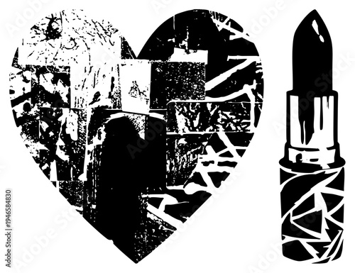 Black and white heart with urban graffiti texture, paired with stylized lipstick, vector art, bold graphic, fashion accessory, cosmetic symbol, romantic, street art motif.