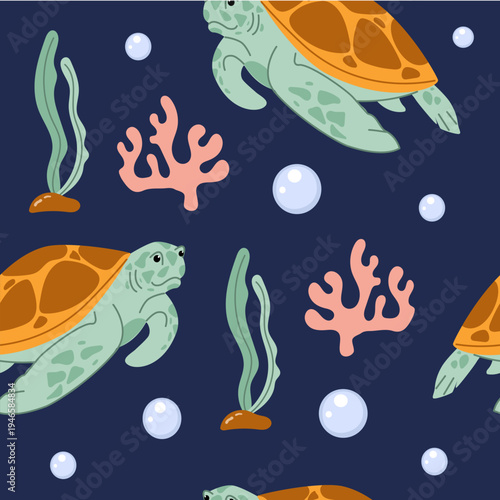 Seamless pattern with swimming sea turtles, pink corals, and seaweed on a dark blue background. Cute marine design for wallpaper, nursery decor, kids textile, and summer prints.