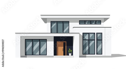 Modern Minimalist House Illustration: Sleek White Facade with Large Windows and Wooden Door