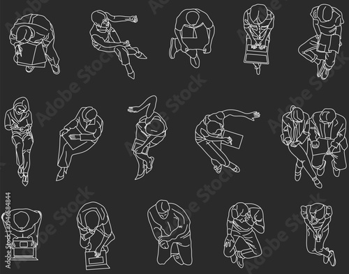 Sitting men and women, top view, body postures,  couple, architectural elements, plan, different poses, customizable stroke, vector