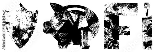 Black and white halftone graphic shield, piggy bank, letter F, vertical form. Stylized vector glyphs with textured dot. Modern minimalist design for branding or UI.