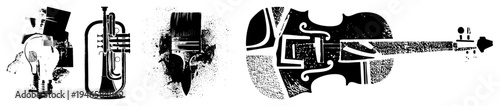 Graphic of a trumpet, violin, paintbrush, and lightbulb rendered in halftone texture, creative symbols for art, music, and innovation, vector art with bold and grainy shading.