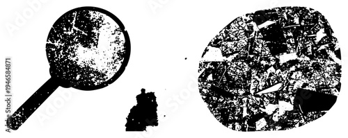 Scientific magnifier inspecting cellular texture, biological specimen, microscope view, histology sample, black and white vector graphic.