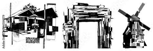 Stylized house, rustic archway, classic windmill, halftone vector illustrations, black and white graphic design, retro architecture motifs.