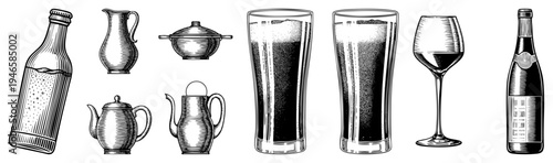 Set of antique drinking vessels, including wine glasses, soda bottles, and teapots, rendered in halftone engraving style with fine hatching and shading.