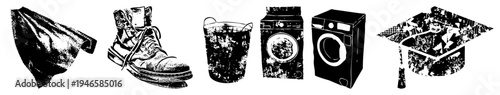 Black and white vector of laundry items and fashion accessories, including cape, boots, bucket, washer, dryer, and graduation cap, stylized with halftone texture.