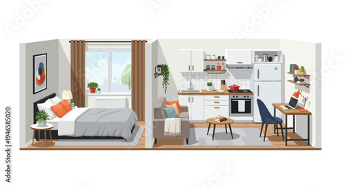 A thoughtfully designed contemporary studio apartment interior offering efficient functional living space with a bedroom kitchen and dedicated