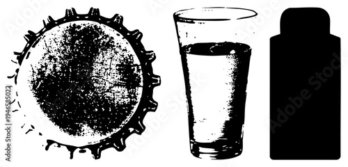 Distressed bottle cap, water glass with condensation, spray can silhouette, halftone texture, vector, isolated graphic elements, urban design motifs.