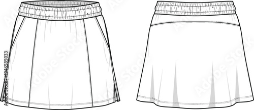 Skirt sketch, technical fashion drawing, front and back view, gathered waistband, yoke seam, vertical panels, flared hem, stitching details