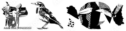 Graphic artwork featuring a saddle, bird, and fish rendered in bold black and white with halftone and stipple, vector illustration, isolated foreground elements.