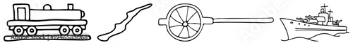 Simple illustrations of locomotive, kitchen spoon, citrus squeezer, and naval warship, clean vector doodles, isolated, flat design, no shading.