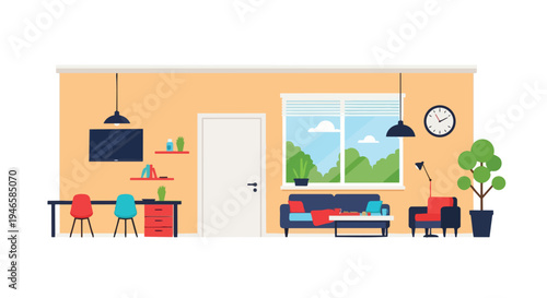 Modern open-plan living and workspace interior with colorful furniture and a scenic view