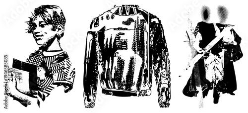 Black and white halftone vector art of a boy holding a book, a detailed jacket, and a musician with a guitar. Stylized graphic design with bold and dot.