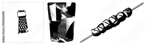 Halftone vector graphics of kitchen tools and food box grater, coffee pouch, meat kebab. Stylized with dot, ideal for print or digital design.