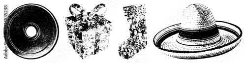 Holiday themed vector including gift box, Christmas, sombrero, and round ornament, rendered in halftone style with black and white textures.