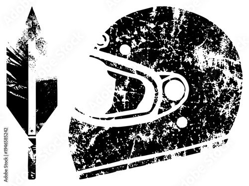 Stylized racing helmet and spear graphic, distressed halftone print, vector set, motorsport gear, combat symbol, black and white design, gritty aesthetic.